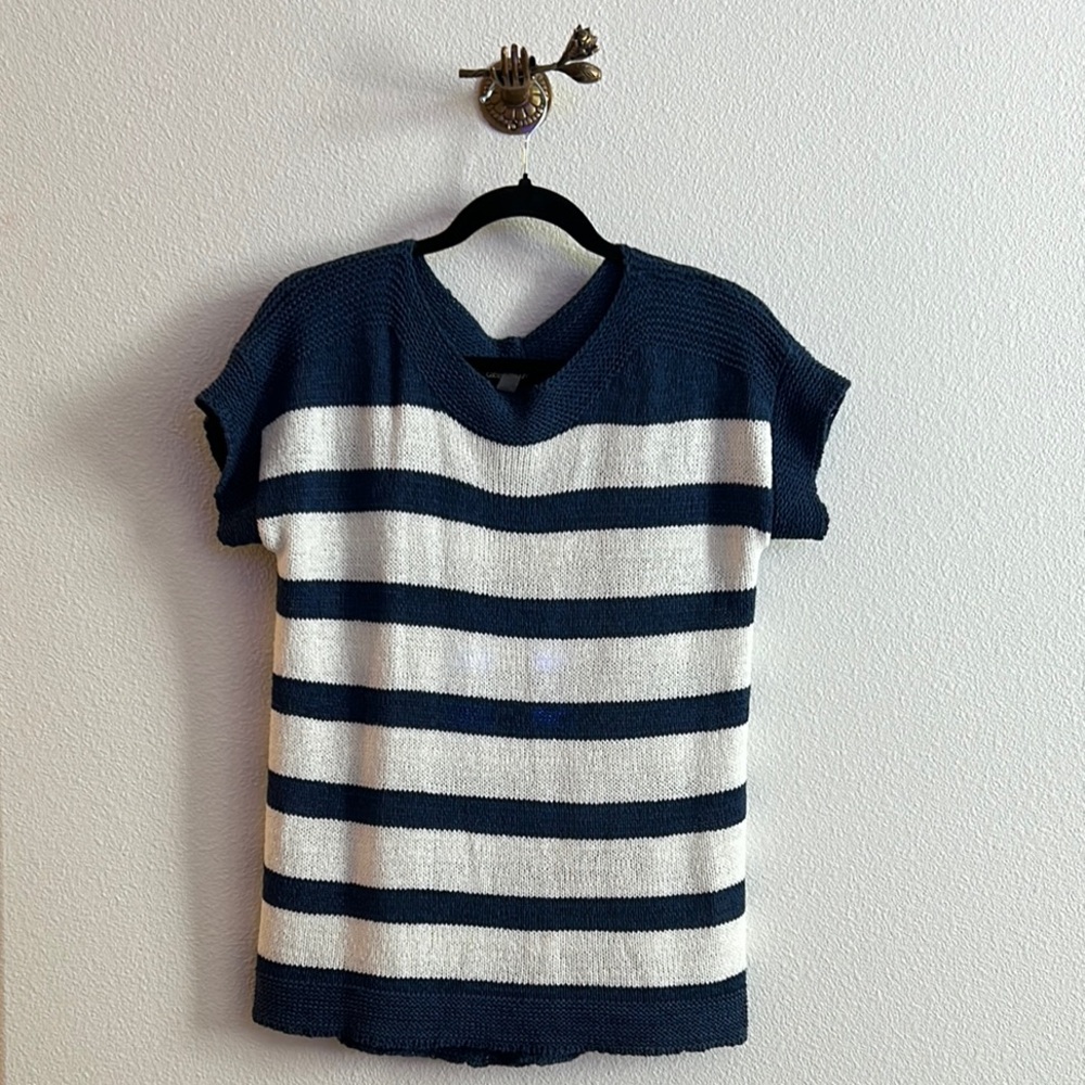 Navy and White Striped Button-Up Top